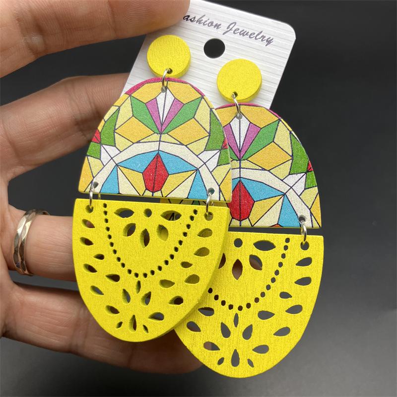 European Retro Wooden Long Print Earrings with Hollow Design