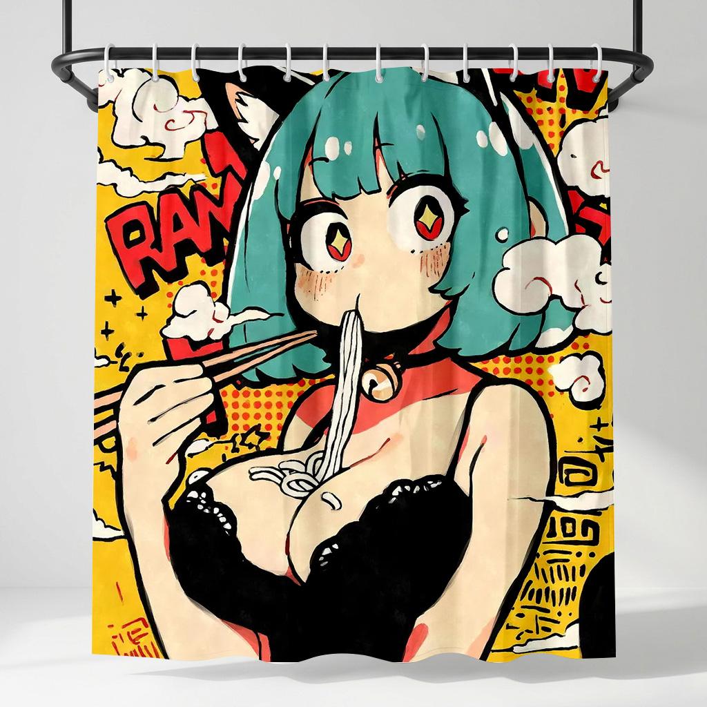 

Anime Girl Eating Ramen Shower Curtain - Creative Pop Art Comic Design - Indoor Home Bathroom Decor Aesthetic Bath Curtain W60H190(CM)-1 Pcs