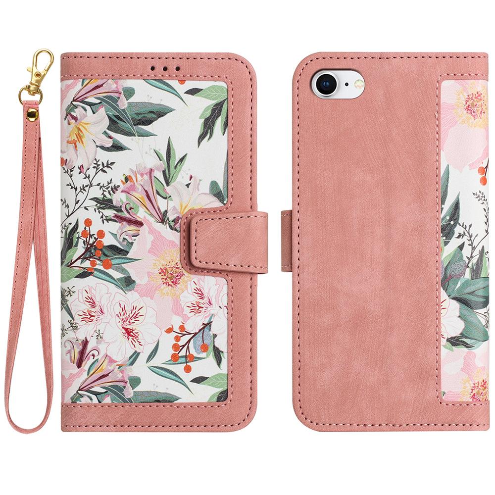 Leder Klapphülle für iPhone 16E 16 15 14 Plus 13 12 11 Pro Max XR X 10 XS 8 7 6 6S SE3 SE Blumen Trageband Kartensteckplatz Abdeckung