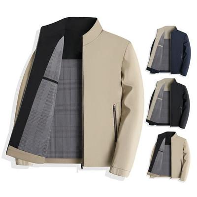 Men Jacket Stand Collar Long Sleeve Solid Color Plaid Lining Jacket Coat Pockets Zipper Placket Casual Outwear