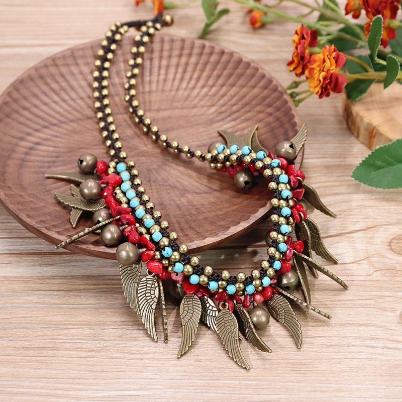 Bohemian Angel Wings Female Vintage Short Necklace Wings Fringed Bells Collarbone Chain Vacation Ornament