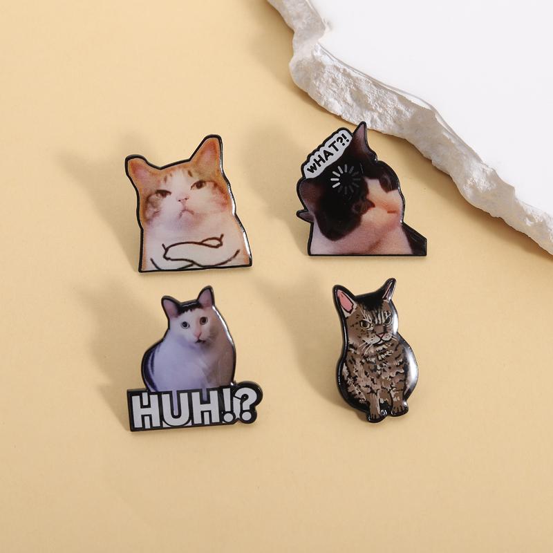 HUH White Cat Enamel Pins Funny Kitten Expressions Brooches Lapel Backpack Badge Fashion Jewelry Accessories Gifts for Friends