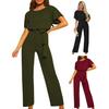 Women Jumpsuit with Lace-up Belt Wide Leg Short Sleeves Pure Color O Neck