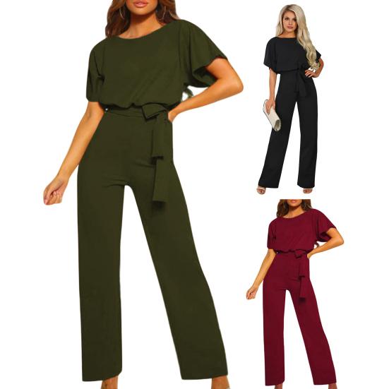 Women Jumpsuit with Lace-up Belt Wide Leg Short Sleeves Pure Color O Neck