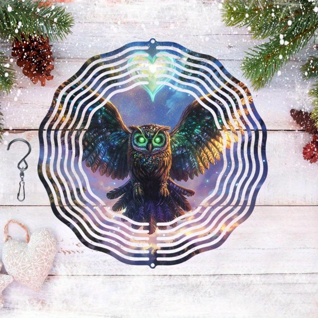2D Metal Wind Spinner with Glowing Green Eyes and Wings Rotates 360 Degrees for Outdoor Garden Decor Perfect for Christmas Thanksgiving Patio