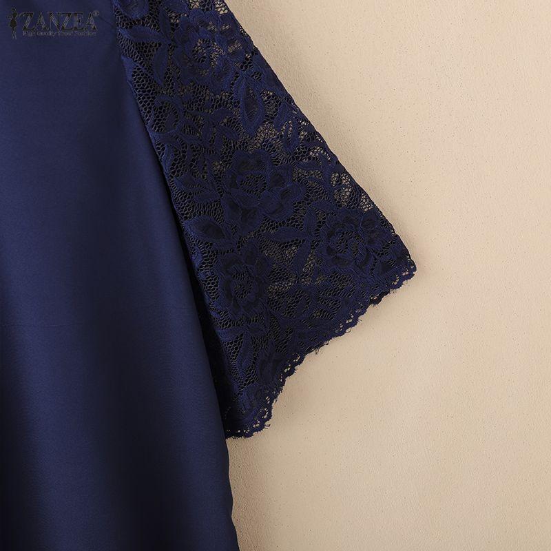 ZANZEA Blusa Casual de Mujer con Cuello Redondo y Encaje en la Manga Media