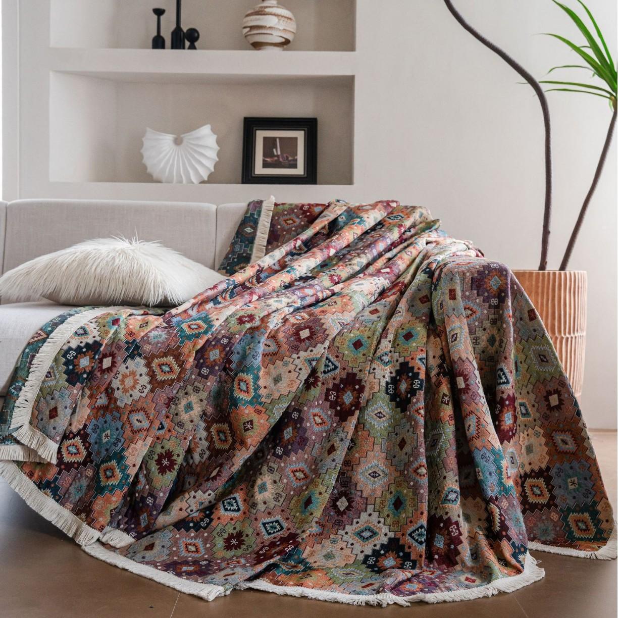 

Полотенце для дивана Бохо Защита от царапин кошек Контрастный цвет Геометрический жаккард Плотный Ретро чехол для дивана 140-180