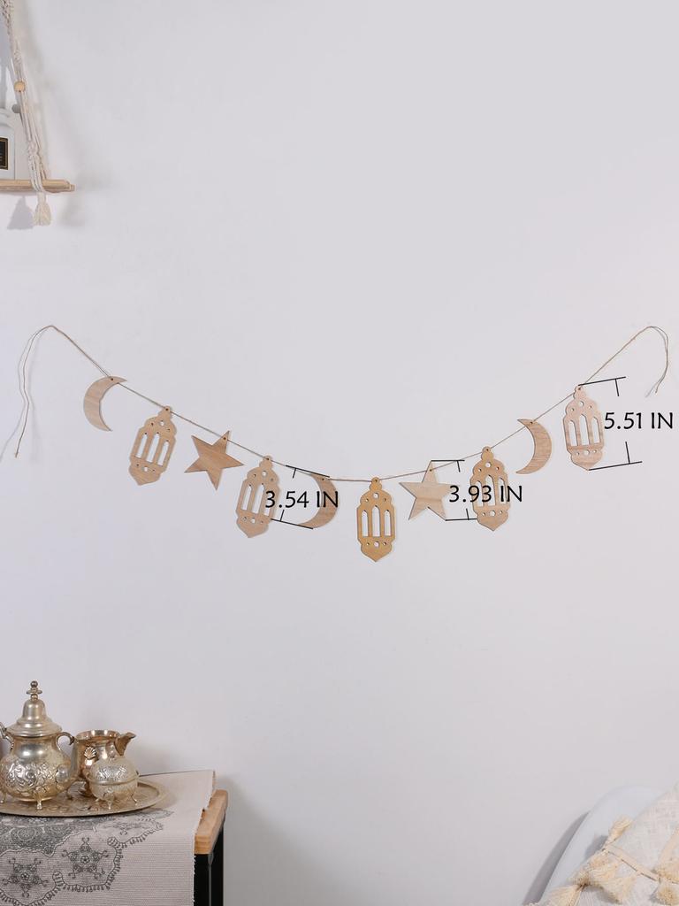 Ramadan Kareem Wood Moon Star Garland Islamic Lantern Hanging Banner Decor Home Party Wall Window Decoration Muslim Holiday Gift