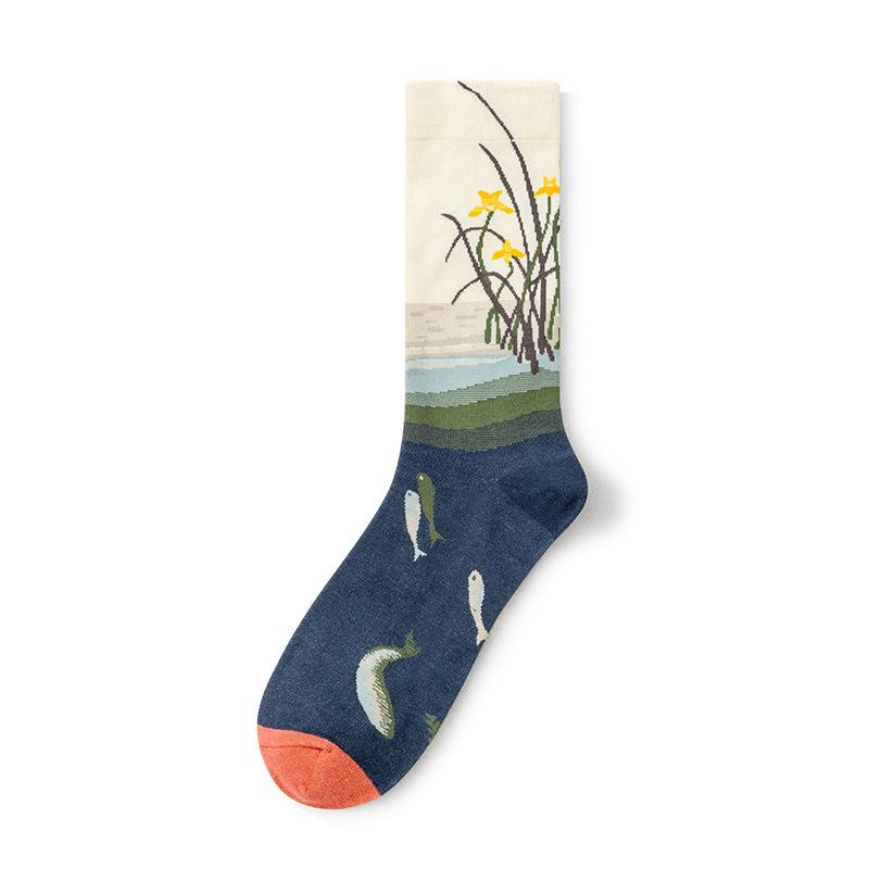 French Retro Abstract Oil Painting Mid-Calf Socks - Trendy Autumn/Winter High-Top Creative Combed Cotton for Women