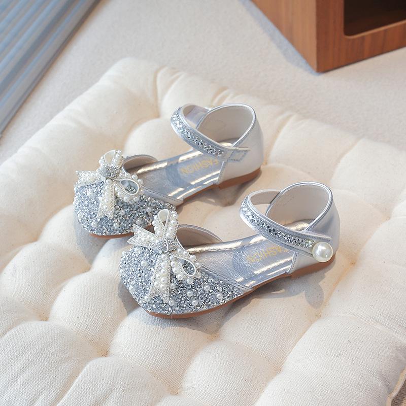 Girls princess shoes spring and summer new children's leather shoes little girl little princess silver soft-soled bow shoes