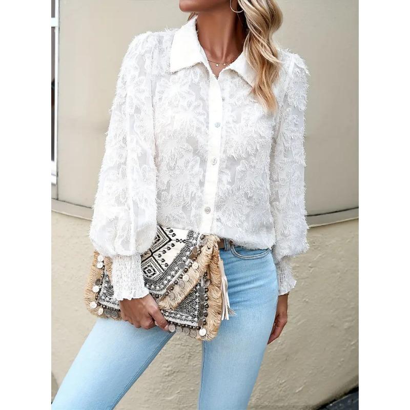 Spring and Autumn New Women's Elegant Floral Jacquard Lantern Sleeve Shirt Fashion Shirt