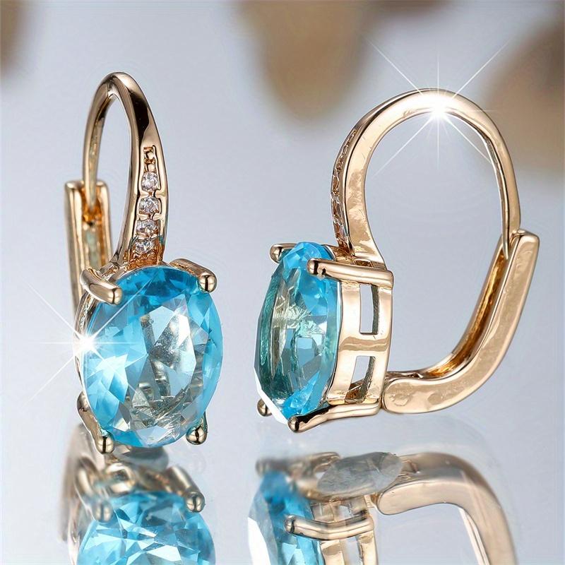 Fashion Golden Color Oval Cut Aqua Blue Stone Drop Earrings Valentine's Day Jewelry
