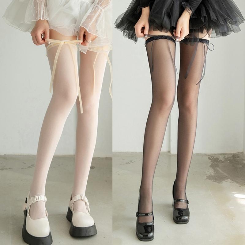 Japanese Cute Lace Up Silk Over Knee Long Socks for Women JK Girl Sweet Ribbon Bowknot Thin Thigh High Stockings Hosiery