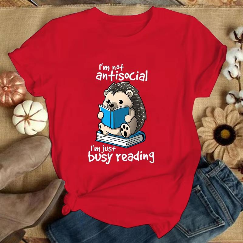 Premium TshirtHedgehog IM Not Antisocial IM Just Busy Reading Print TShirts For Women Summer Short Sleeve Round Neck