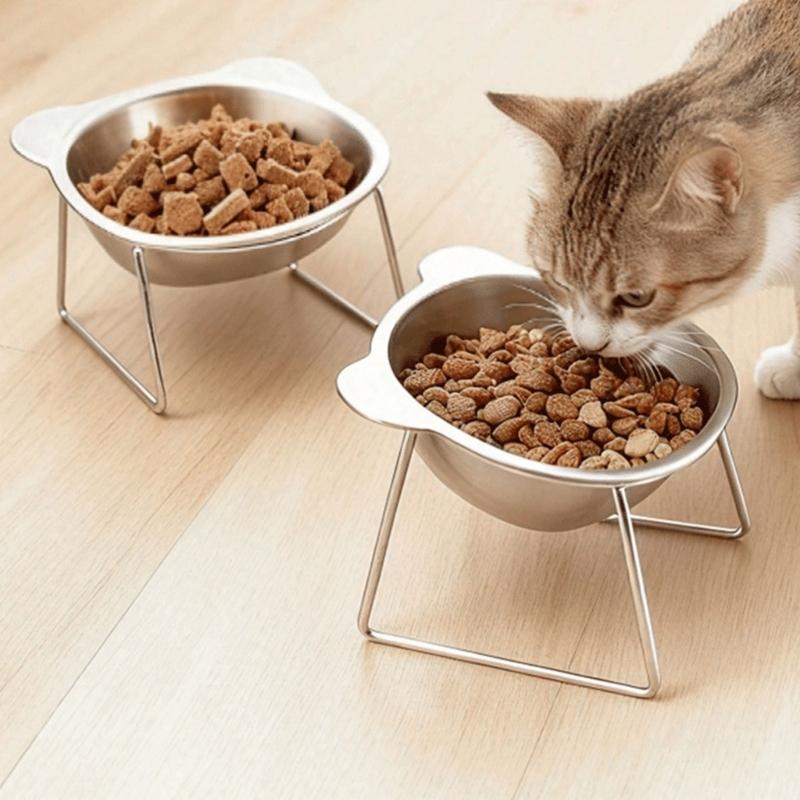 Futter- und Wassernapf für Katzen mit Ständer, glatte 304-Metallkonstruktion, abgerundeter Rand und markante Ohrenprofil-Akzente