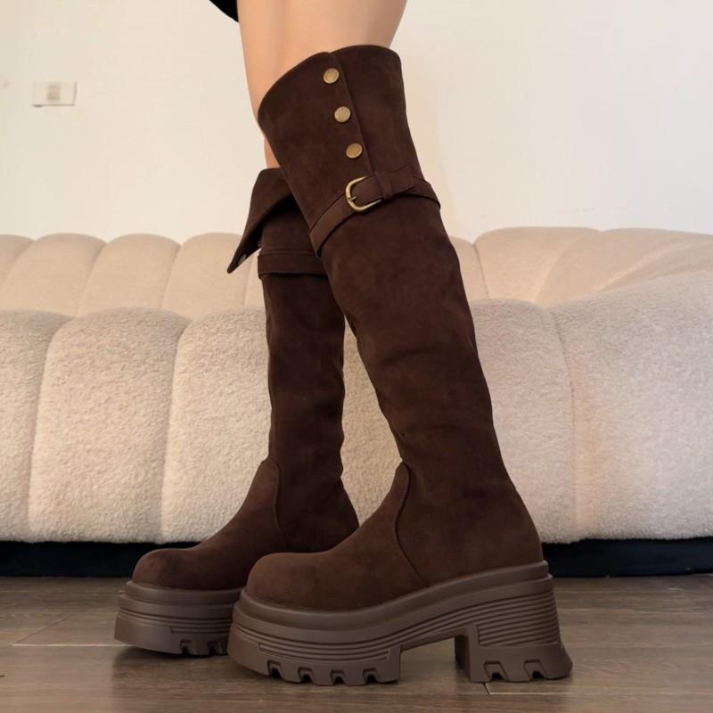 

Studded Over The Knee High Boots Autumn Round Toe Sleeve Platform Metal Buckle Block Heel Women s Shoes 40