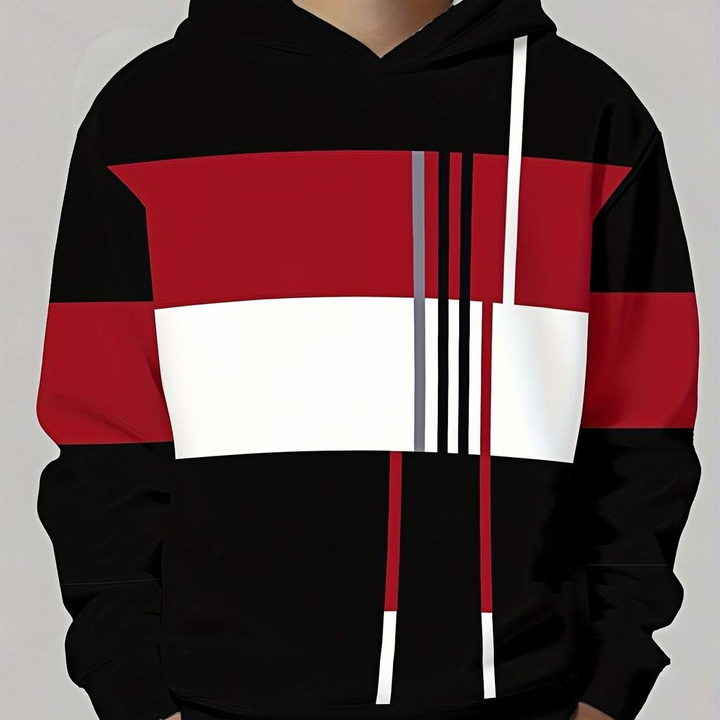 Trendy cool red black and white contrasting digital printed hooded sweatshirt for streetwear men