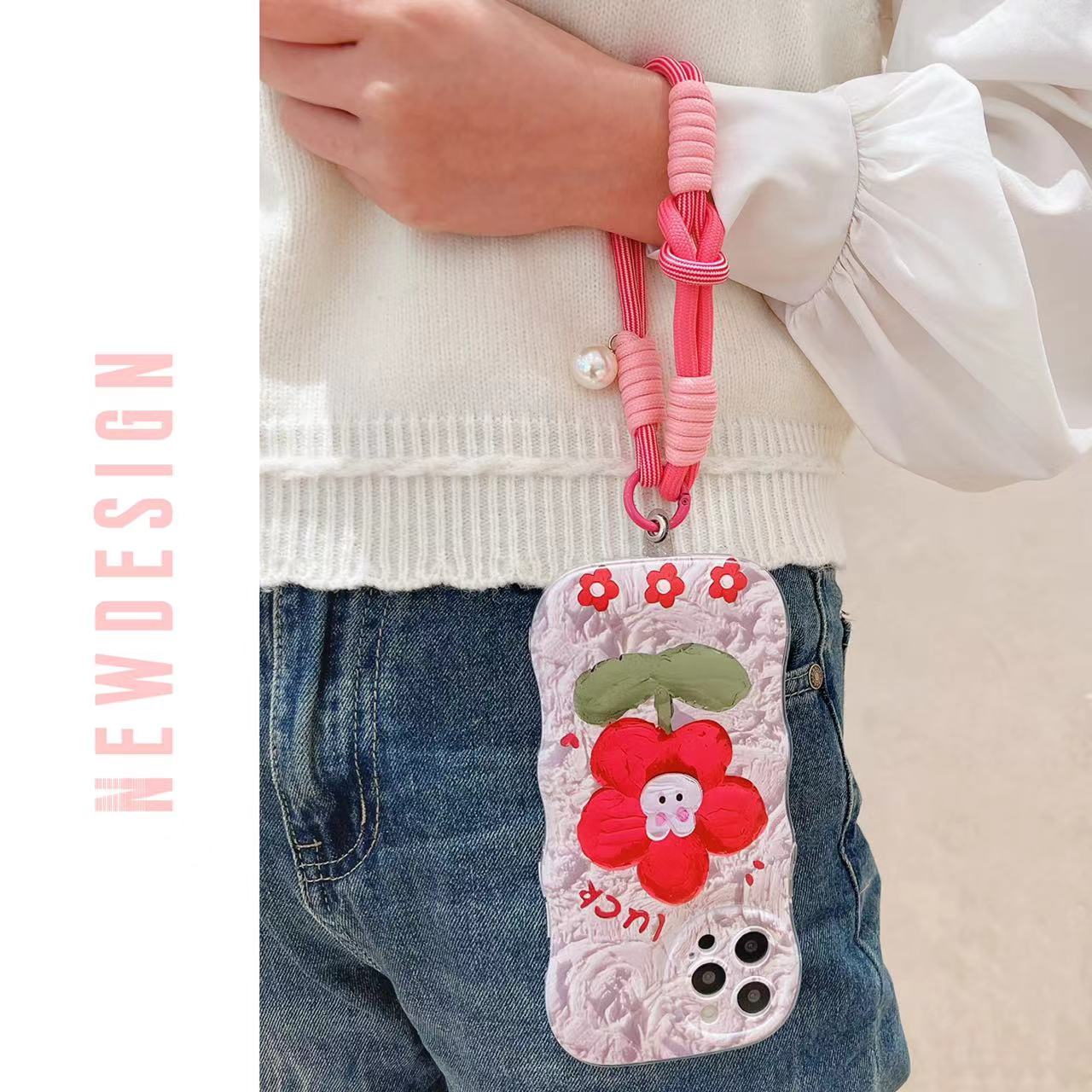 

Phone Wrist Lanyard 30cm Nylon Wrist Strap Pearl Phone Charm with Tether Tab Red Black