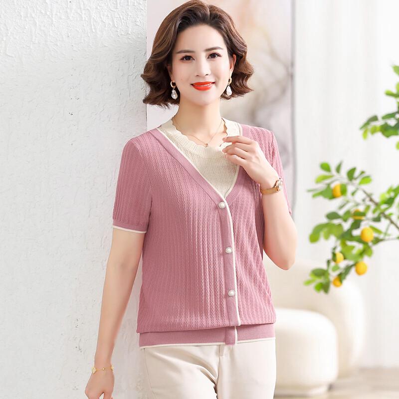 Elegant Ice Silk Short Sleeve Knit Top for Middle-Aged Women