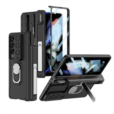 Pre Samsung Galaxy Z Fold 3 5G Armor puzdro Magnetický pánt Posuvný kryt objektívu s krúžkom a držiakom na pero Stojan pre puzdrá Z Fold3