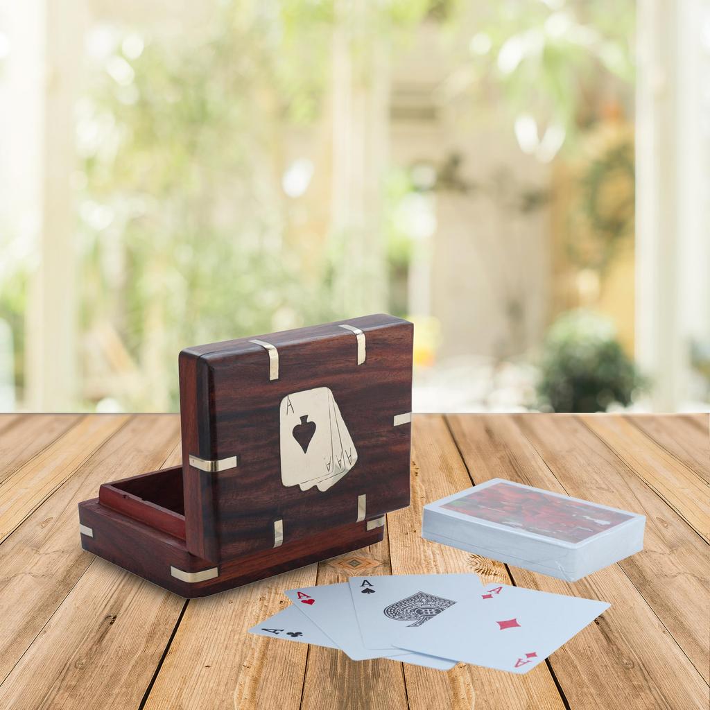 Shriji Crafts Dřevěná krabička na hrací karty Balíček karet – Ručně vyráběné úložné pouzdro pro dospělé