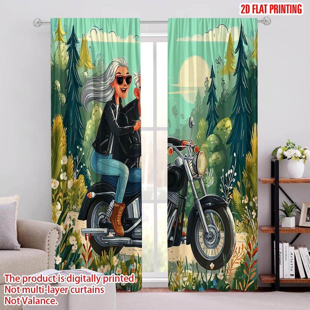 

2pcs,2D plane printing Window Curtain Grandpa and grandma riding motorcycles Polyester Woven (without rod) Festive Perfect for 52.50 × 116.00 cm 2 pcs