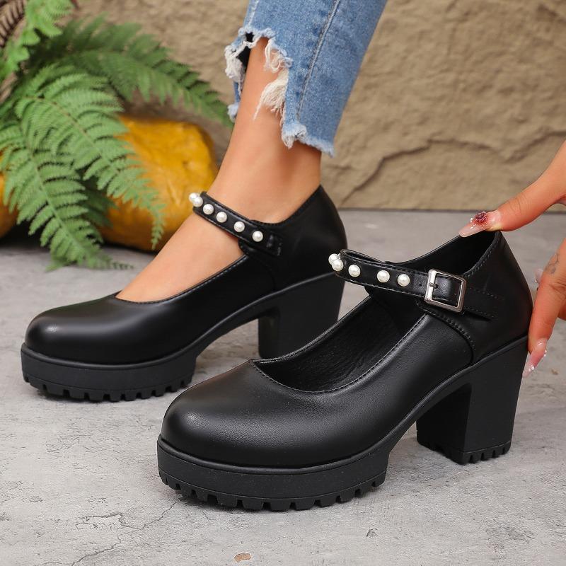 Fashion 2025 Hot selling high-quality Fashion Block High Heels Shoes Women Spring 2025 Shallow Ankle Buckle Platform Pumps