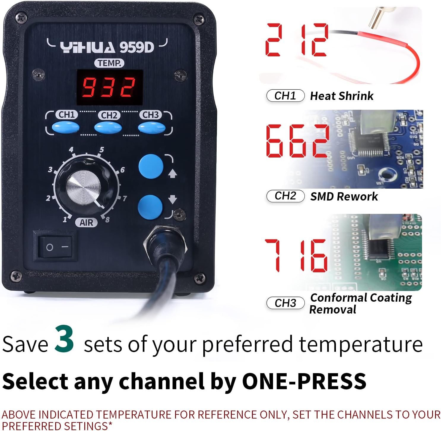 

959D Digital Hot Air Rework Station, 3 Memory, 212°F~932°F, °F/°C Display, Brushed Aluminum Panel United States