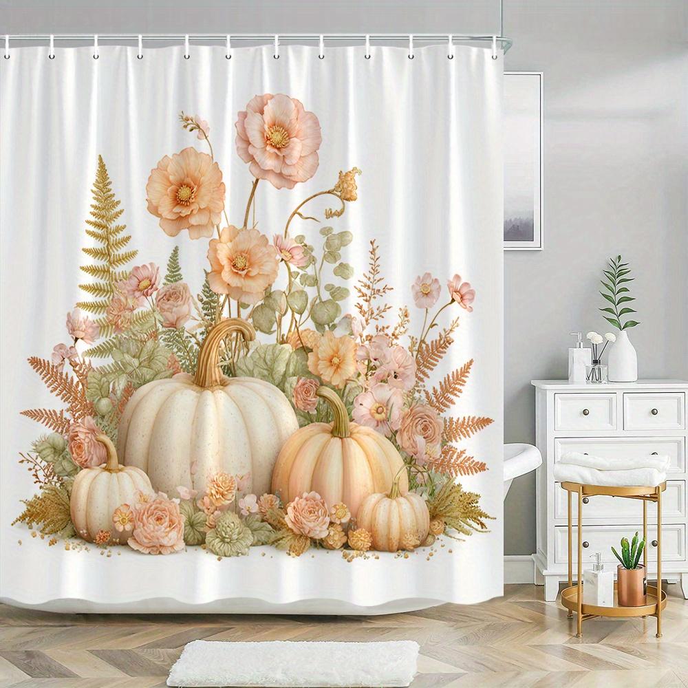 1Pc Fall Shower Curtain Autumn Floral Pumpkin Design With Pink Roses, Greenery & Golden Foliage - Beige & Golden Bathroom Decor,