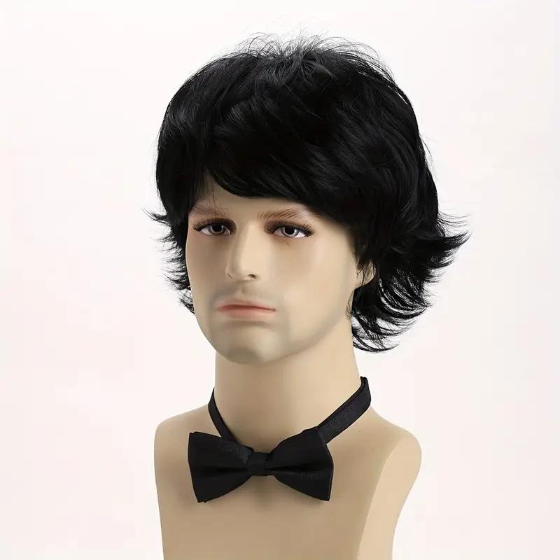 

Men s Short Curly Synthetic Wig – Voluminous & Natural Look, Full Cap for Daily Wear (Heat-Resistant, Black) brown