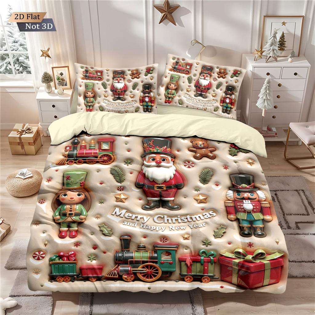 3-teiliges Bettwäscheset ohne Füllung mit Imitationsrelief-Weihnachtsmann-Druck, weich für Schlafsaal-Schlafzimmer, mehrere Größen, maschinenwaschbar