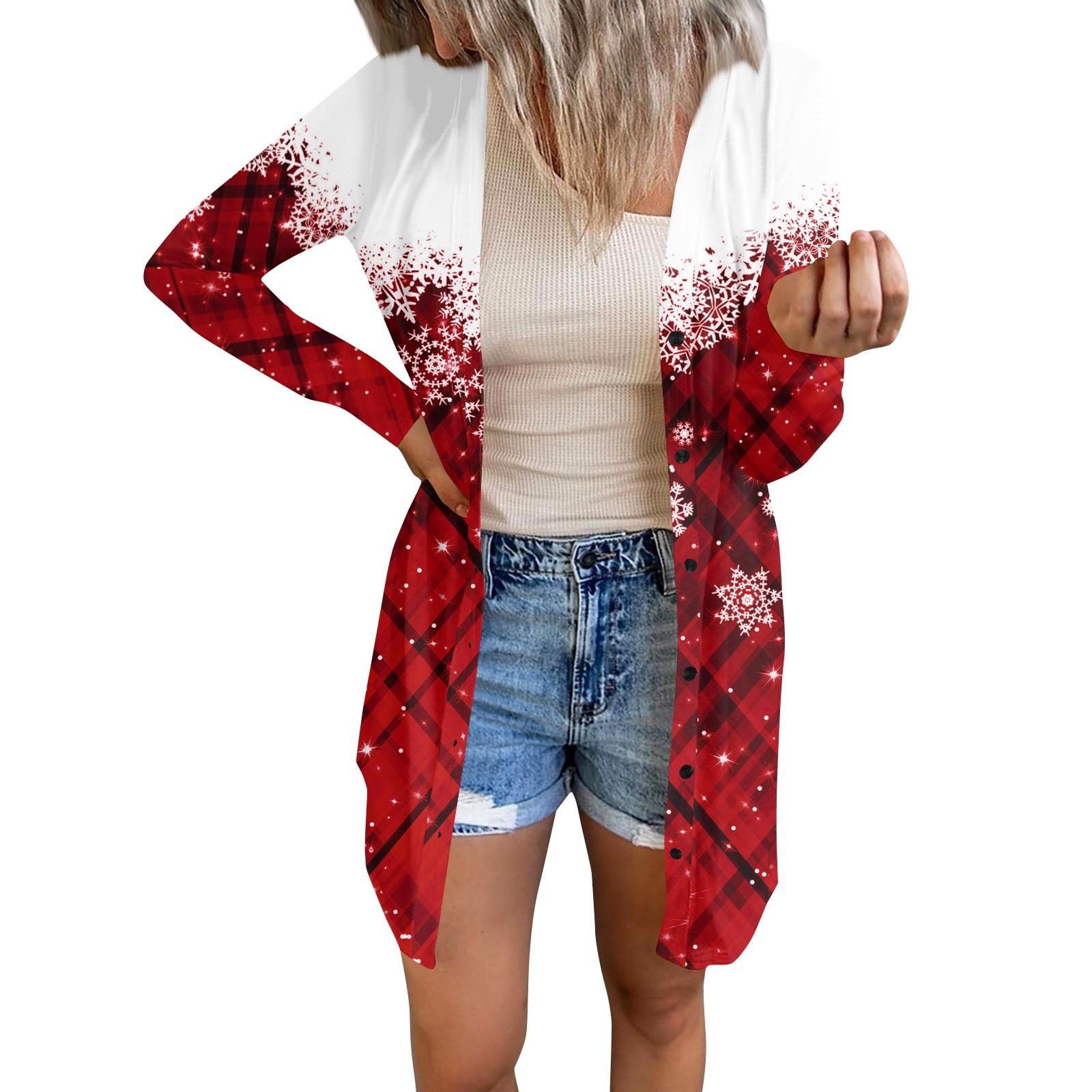 

Длинный рукав Женский ретро принтованный топ Легкий базовый свободный жакет Кардиган Повседневные рубашки Рождество XXXXL винный