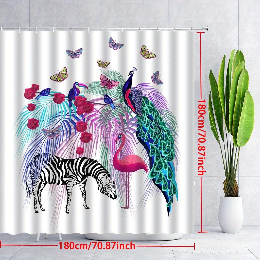 1pc Tropical Animal Shower Curtain with Peacock, Zebra, Flamingo, Colorful Butterflies & Roses - Whimsical Fantasy Design,