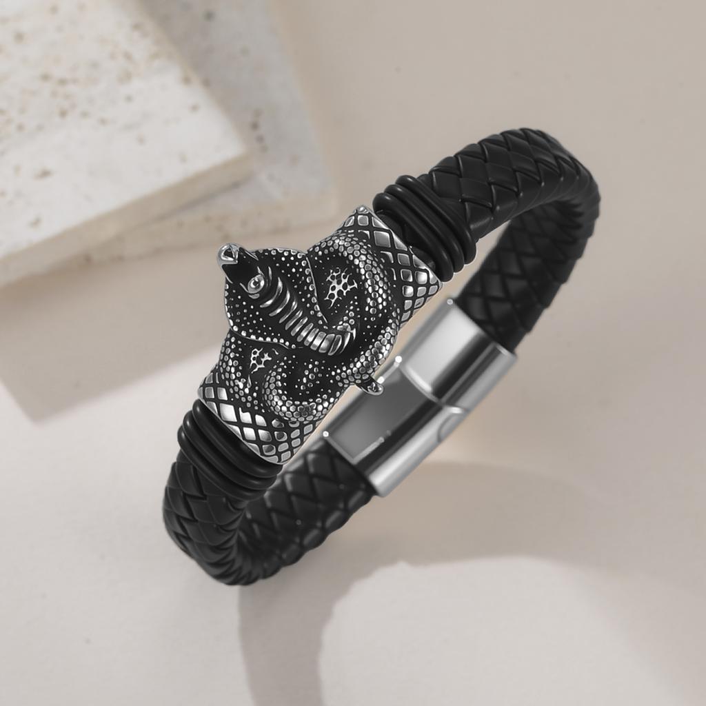 Dreamtimes Retro Stainless Steel Lion Head Steel Woven Leather Rope Bracelet for Women Men Hip-Hop Trendy Jewelry