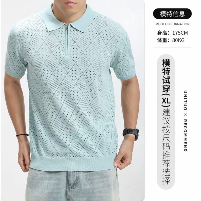 Men s Light Blue Diamond Knit Half-Zip Short Sleeve Polo Shirt M синий