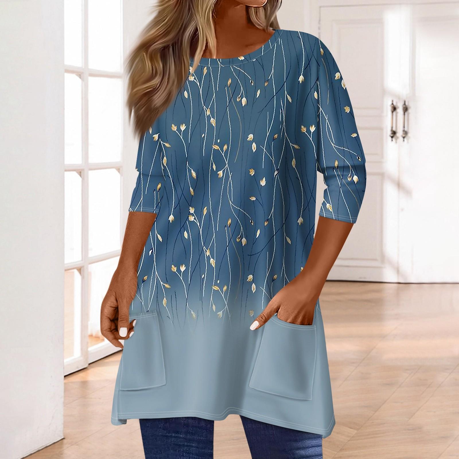 

3/4 рукава кармана топы для женщин футболка повседневный принт средней длины топы футболка круглый вырез пуловер блузка L синий