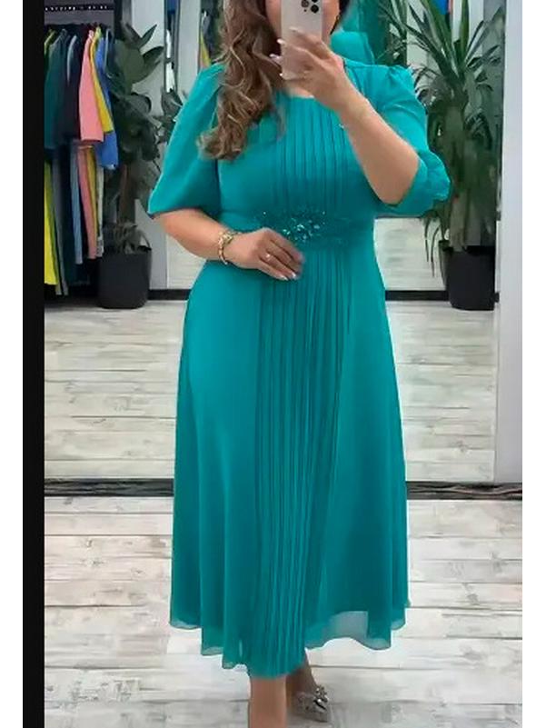 Lantern Sleeve V-Neck A-Line Pleated Maxi Dress - Elegant Waist-Defining, Solid Color Swing Style.