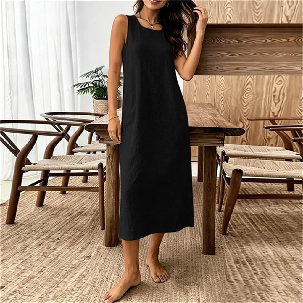 Women's Sleeveless Casual Color Cotton Linen Dress for Summer Everyday Wear