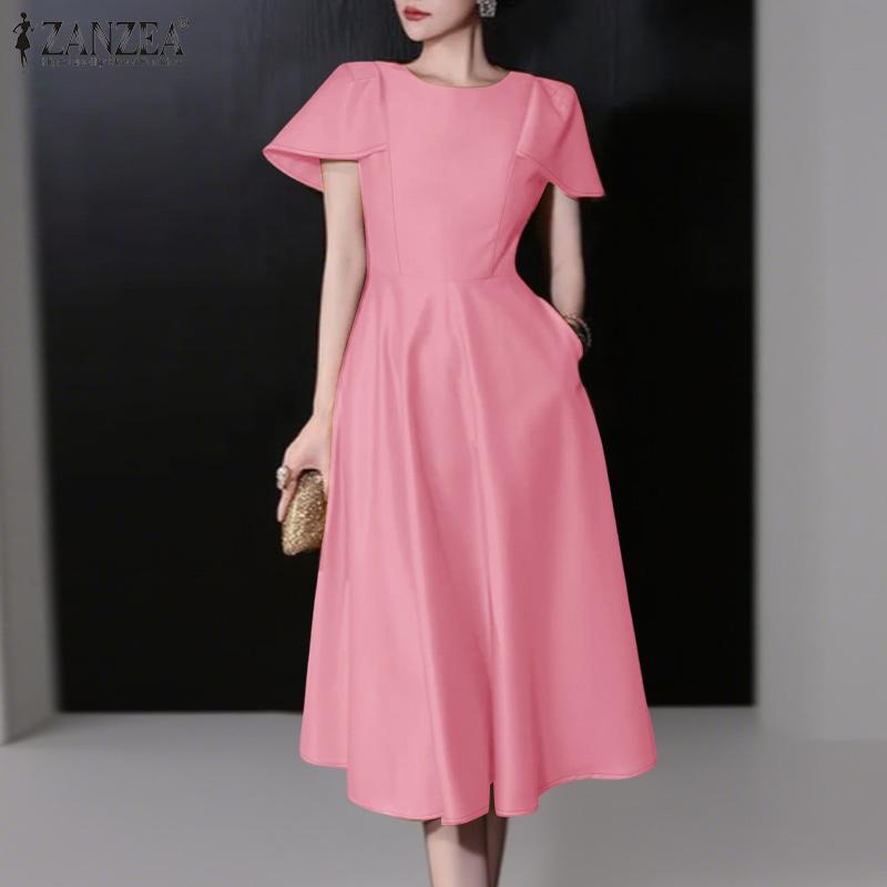 ZANZEA Damska swobodna, letnia sukienka z okrągłym dekoltem i krótkim rękawem