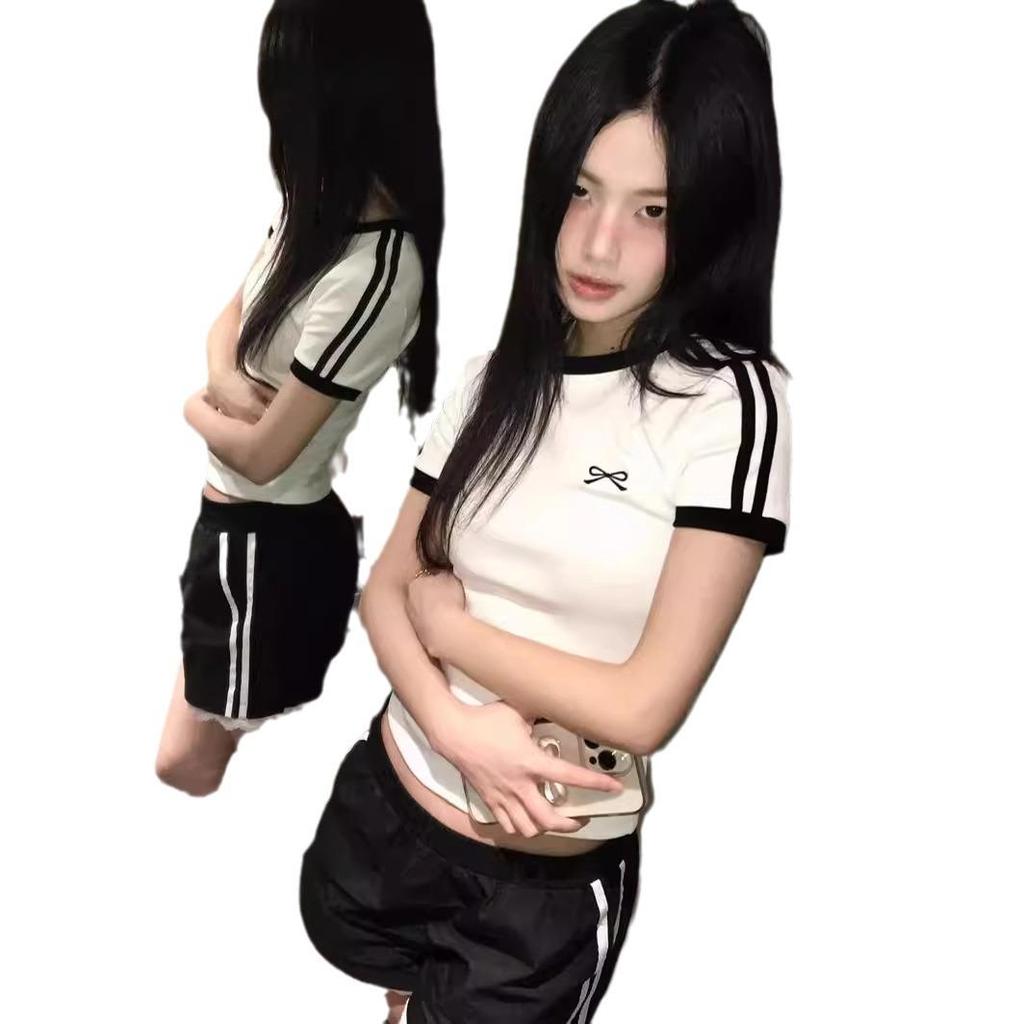 Women's Summer Slim Fit Striped T-Shirt with Bow and Embroidery