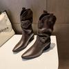 mid-heeled boots retro stacking boots mouth Martin boots women's shoes autumn and winter simple stop color pointed short boots