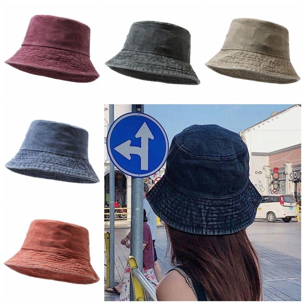 Washed Denim Fisherman Hat Solid Color Sun Hat Retro Style Boonie Hat Beach Activities