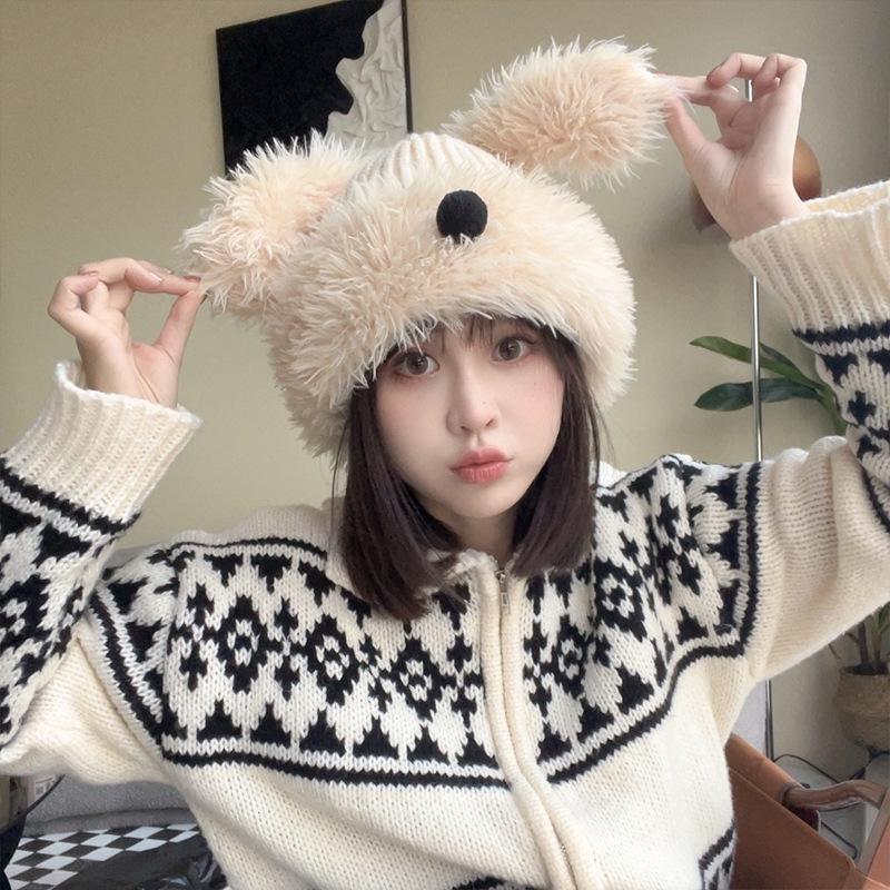 

Женская пушистая шерстяная вязаная шапка — милый дизайн с изображением щенка, бархатная подкладка для тепла, универсальная мода для холодной погоды M (56-58cm) бежевый