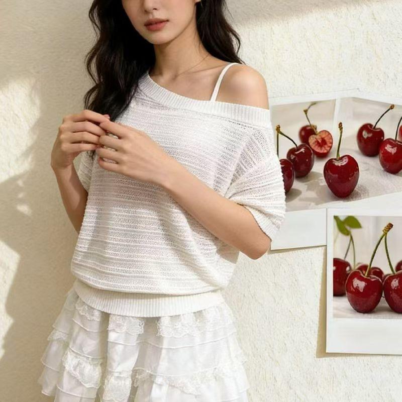 

Off-shoulder Knitted Women s Blouse Summer Cover Up New Fashion Short Sleeve Casual Shirt Elegant Knitwear Top Sweet Solid Color Y2k Clothing One size белый