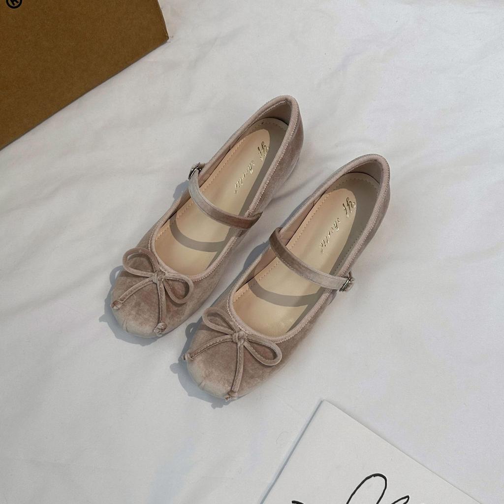 Height Increase 5CM Bow Word with Shallow Mouth Single Shoes Women's 2025 New Sweet Pleated Round Head Suede Ballet Shoes
