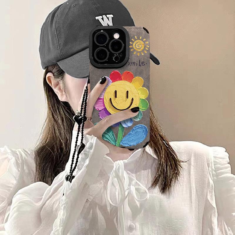 Oil Painting Sunflower Chain Is Suitable for Apple 16promax Mobile Phone Case 13 Abrasion 15 Soft Silicone 14 All-inclusive Anti-drop