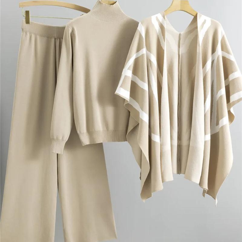 

Элегантные шикарные вязаные комплекты из 3 предметов для женщин, однотонный свитер с высоким воротником, вязаные изделия, костюмы-шали, повседневные комплекты спортивных штанов с высокой талией, новинка One size