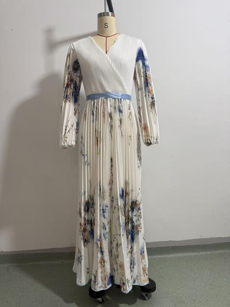 Women Floral Print One Shoulder V Neck Long Sleeve Casual Vacation A Line Long Dress