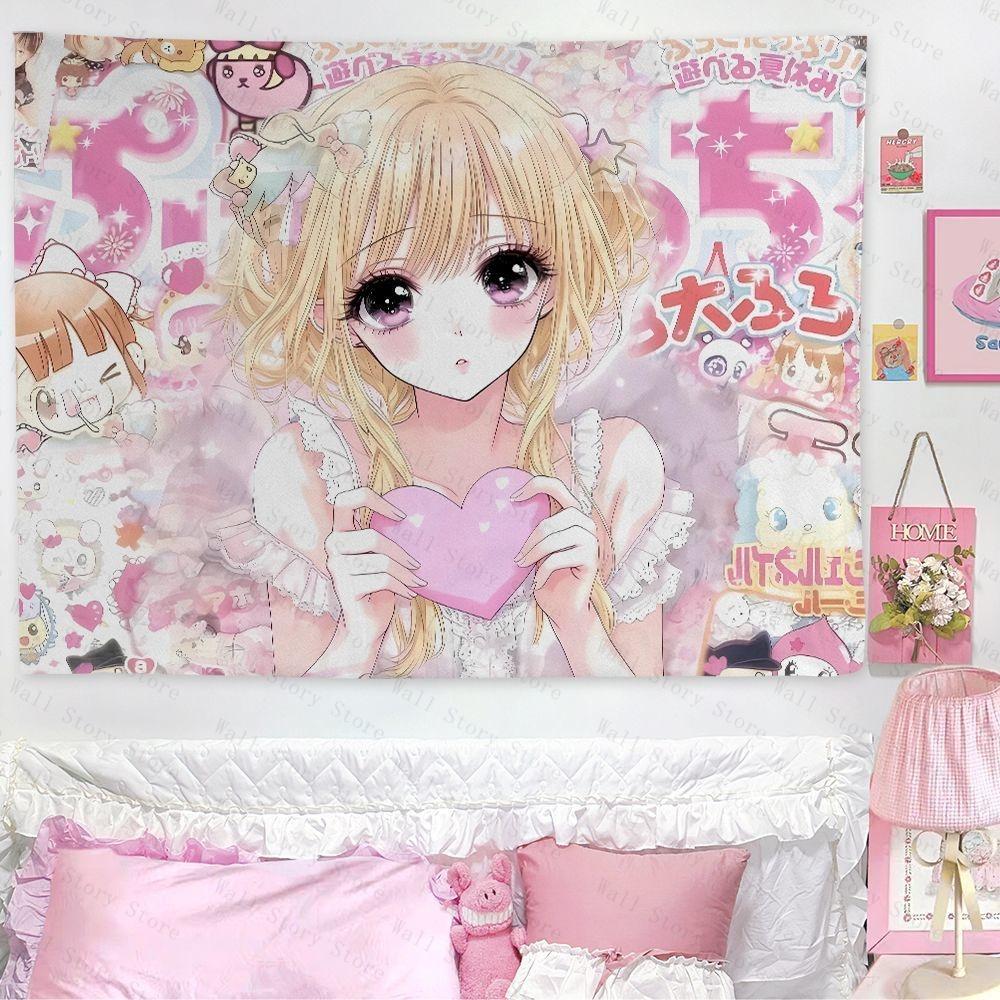 Aesthetic Pink Anime Tapestry Cute Girl Wall Hanging Kawaii Tapestry Background for Teen Girls Bedroom Dorm Decoration Tapestry