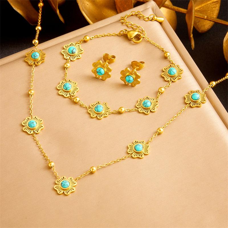 Gold Flower Turquoise Jewelry Set Necklace Bracelet and Earrings Set Boho Style Jewelry for Women